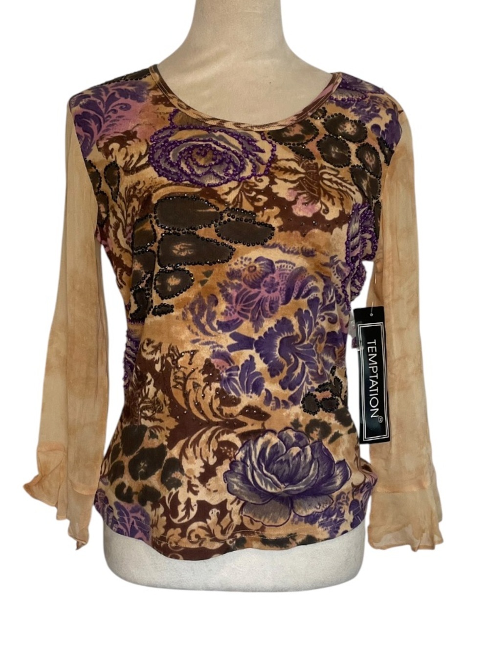 Temptation 90’s Y2K Floral Leopard Sequin Bell Sleeve Top Size M
